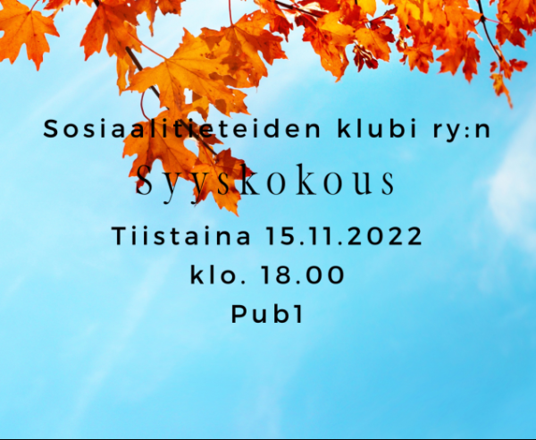 Kutsu Sosiaalitieteiden klubi ry:n sääntömääräiseen syyskokoukseen 15.11.2022
