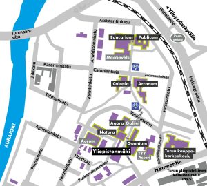 Turun yliopiston ylä- ja alakampuksen kartta